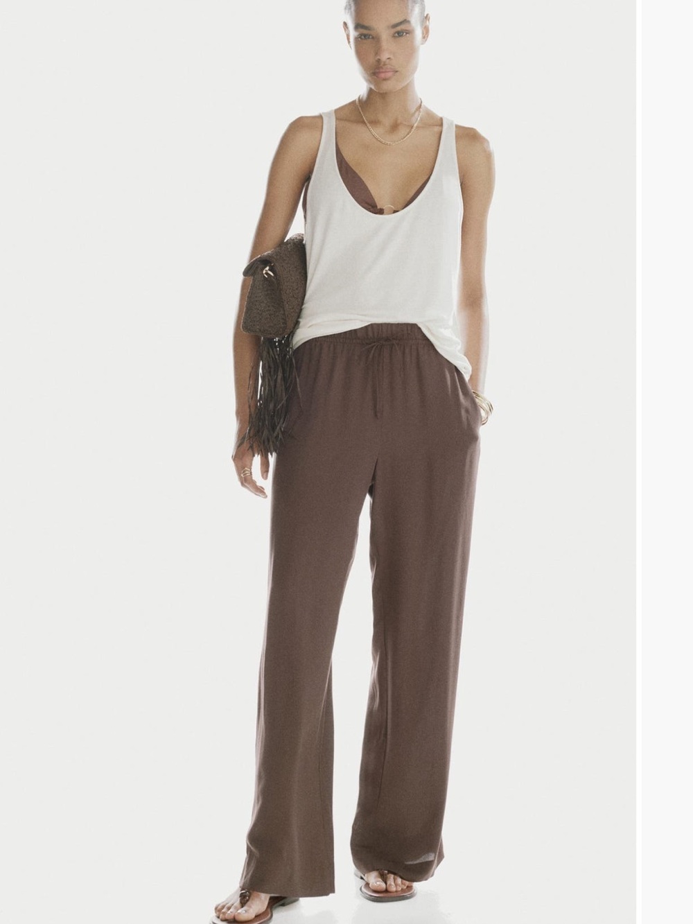 Relaxed Wide-Leg Pull-On Pants in Brown